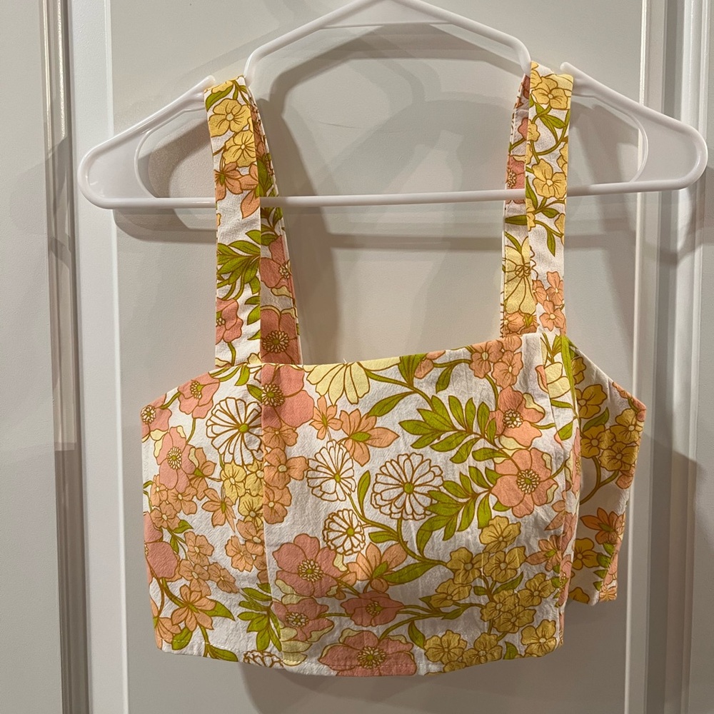 Yellow and Orange Floral Zip Up Crop Top - Petal & Pup Size Small